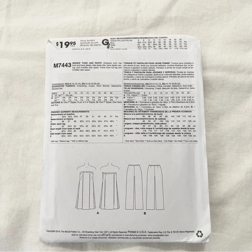 McCall’s M7443 Sewing Pattern Misses Tunic Wide Leg Pants Uncut Factory Folded